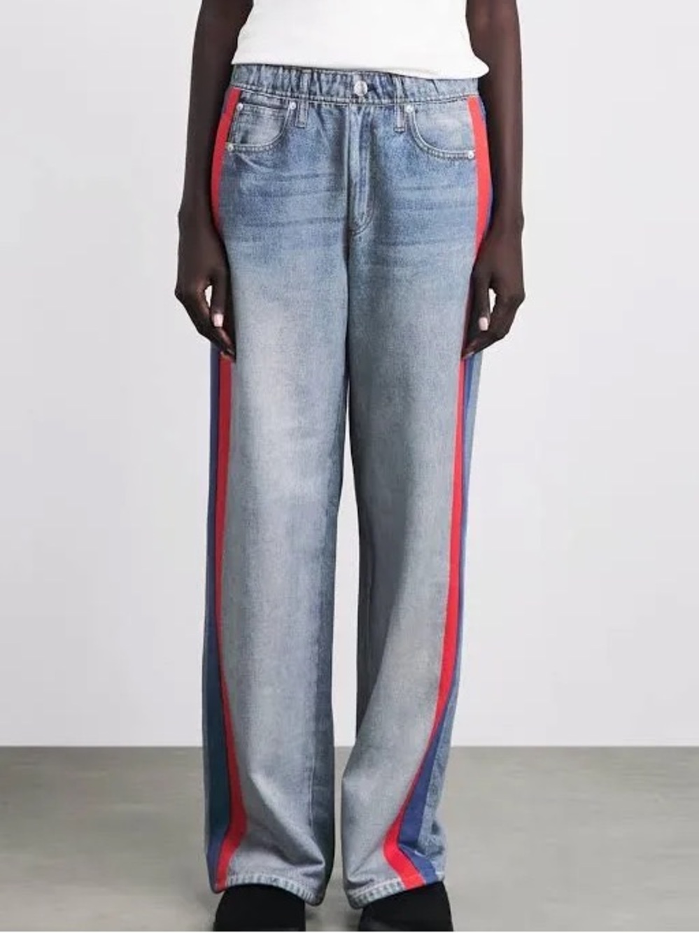 rag & bone Light Wash Wide-Leg Jeans with Red and Blue Side Stripes Miramar